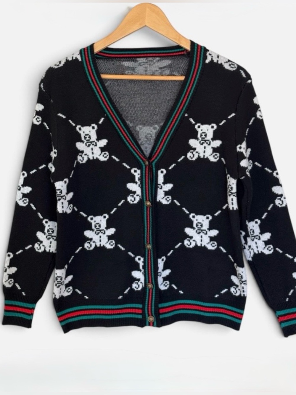 Black Teddy Bear Intarsia Knit Cardigan Red Green Stripe SIZE S-M